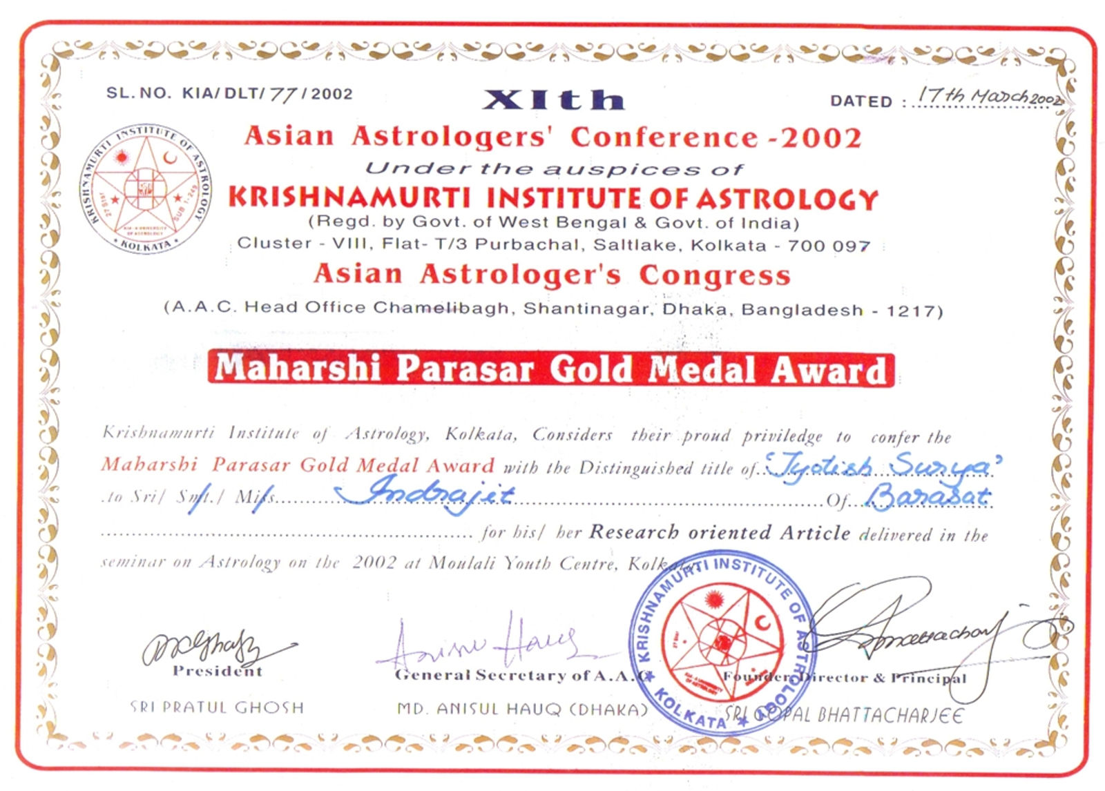 Maharshi Parasar Gold Medal Award